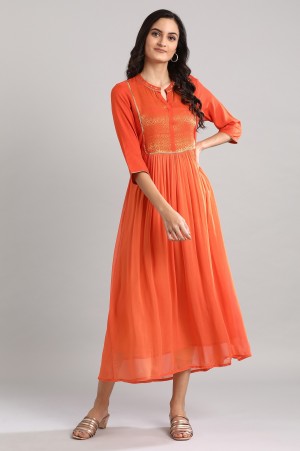 Orange Mandarin Neck Printed Dress 