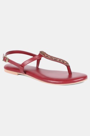 Red Embroidered Almond Toe Flat-Wdelilah