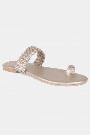 Gold Almond Toe Woven Design Flat - Wmorgan