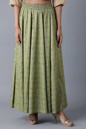 Spinach Green Floral Print Skirt