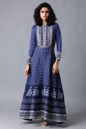 Blue Mandarin Neck Printed Festive Dress