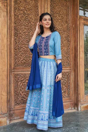 Blue Printed Crop Top Skirt Dupatta Set