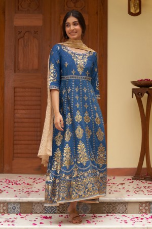 Blue Printed Ethnic Dress Dupatta Set