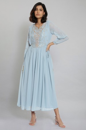 Light Blue Embroidered Gathered Victorian Dress