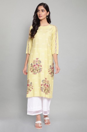 Yellow Printed Kurta with Embroidery and Lace