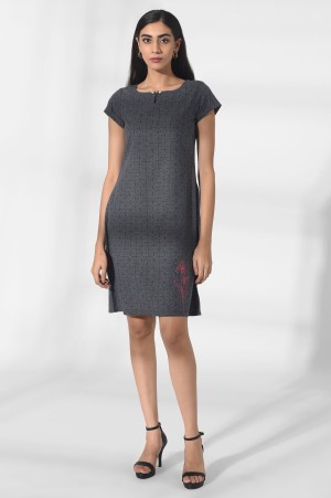 Dark Grey Sheath Dress with Embroidery