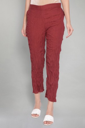 Red Solid Crinkled Parallel Pants