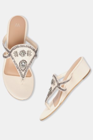 W Beige Embroidered Almond Toe Wedge-Whannah