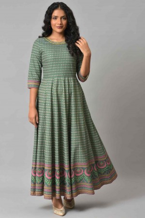 Leaf Green Glitter Printed Kalidar Dress