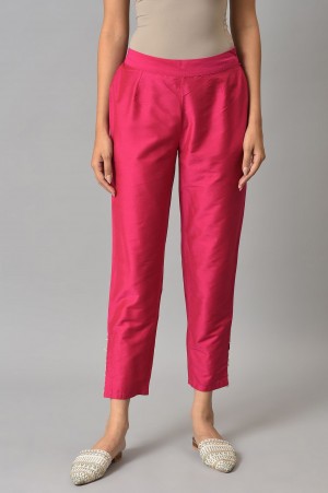 Dark Pink Solid Light Festive Slim Pants