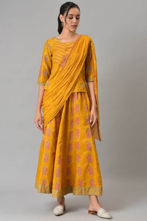 Mustard Festive A-Line Top With Culottes Having Attached Drape 