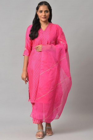 Pink Bandhani Printed Embroidered Kurta With Pants And Organza Dupatta