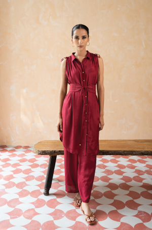 Dark Red Solid Shantung Kurta with Parallel Pants Co-ord Set