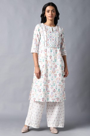 Ecru And Multicoloured Floral Printed In Straight Silhouette