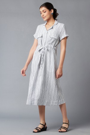 Blue Stripe Print Lapel Collar Dress
