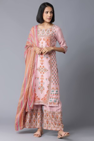 Light Pink Floral Kurta in Round Neck with Parallel Pants and Dupatta