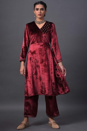 Red Mock Angrakha Embroidered Kurta With Straight Pants