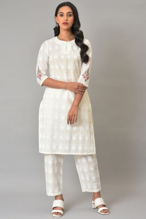 White Embroidered Kurta And Pants Co-Ord Sets